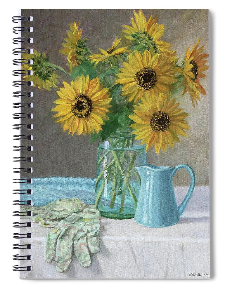 Bountiful Spiral Notebook featuring the painting Homegrown - Sunflowers in a Mason jar with gardening gloves and blue cream pitcher by Bonnie Mason