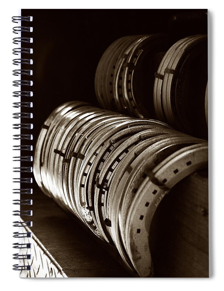 Farrier Spiral Notebook featuring the photograph Horse Shoes in Sepia by Angela Rath
