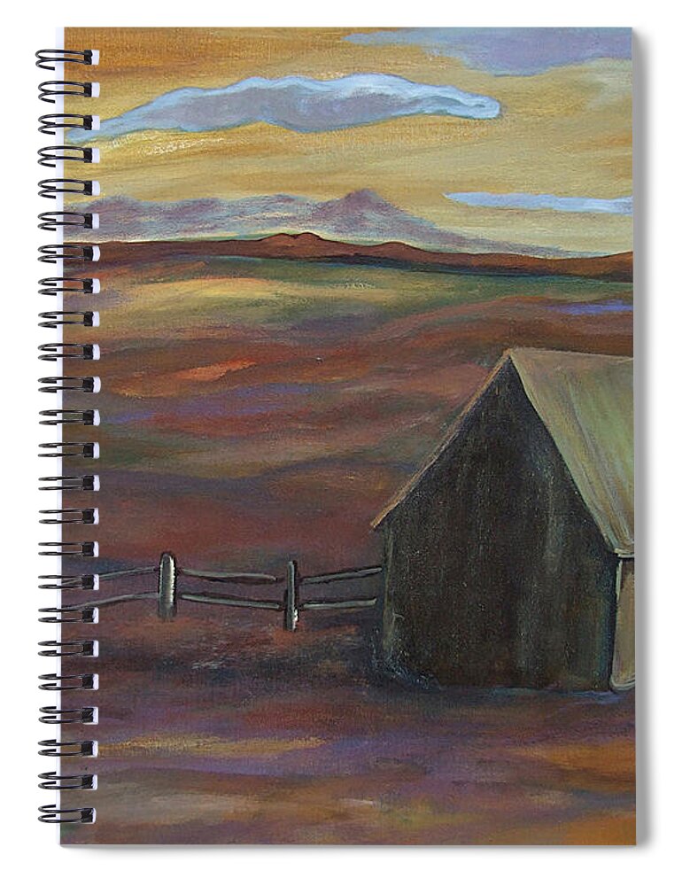 Katt Yanda Original Art Landscape Oil Painting House Fence Sky Open Land Mountains Spiral Notebook featuring the painting House with Fence and Sky by Katt Yanda