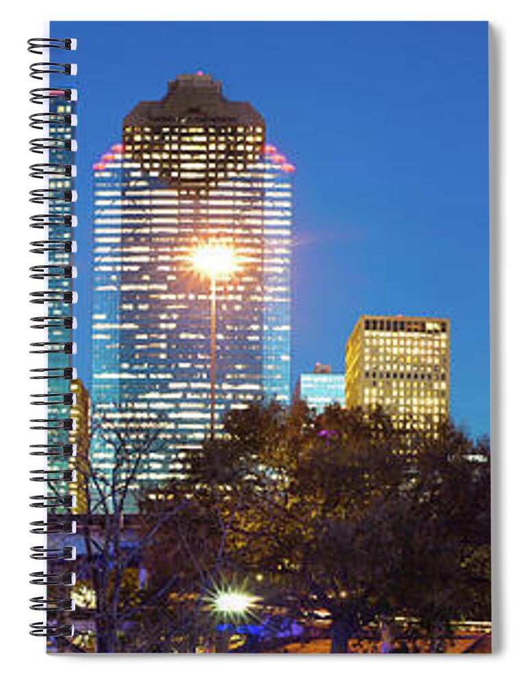 Houston Skyline Spiral Notebook featuring the photograph Houston Texas Skyline at Dusk - Panoramic Cityscape Image by Gregory Ballos