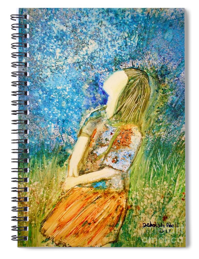 Girl In Meadow Spiral Notebook featuring the painting How Great Thou Art by Deborah Nell