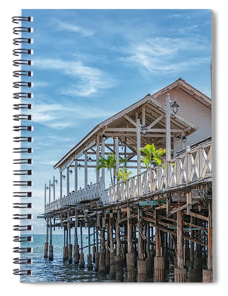 Boat Spiral Notebook featuring the photograph Hua Hin Beach Encroaching Restaurant Pier by Antony McAulay