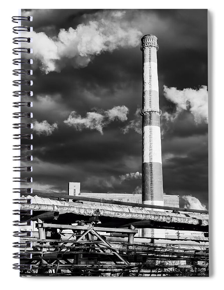 Industrial Chimney Spiral Notebook featuring the photograph Huge Industrial Chimney and Smoke in Black and White by John Williams