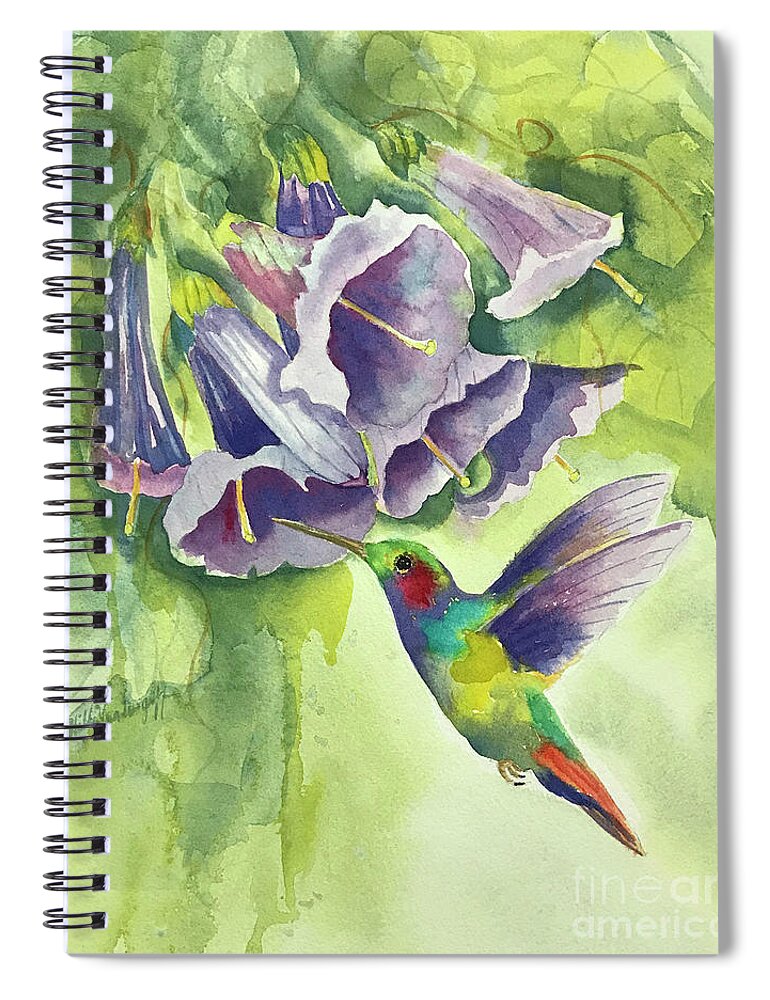 Hummingbird Spiral Notebook featuring the painting Hummingbird and Trumpets by Hilda Vandergriff
