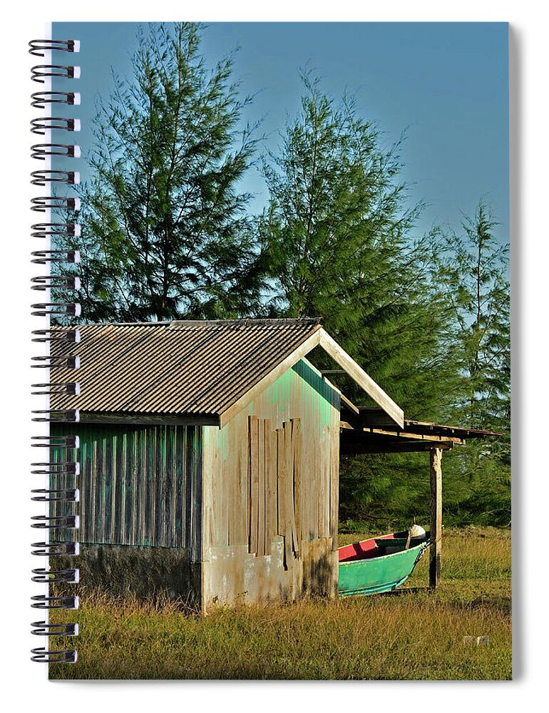 Boat Spiral Notebook featuring the photograph Hut with green boat by Rashdy Arshad