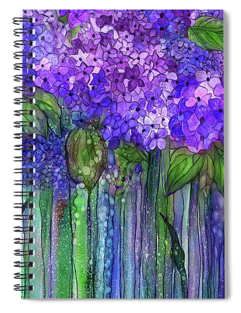 Carol Cavalaris Spiral Notebook featuring the mixed media Hydrangea Bloomies 2 - Purple by Carol Cavalaris