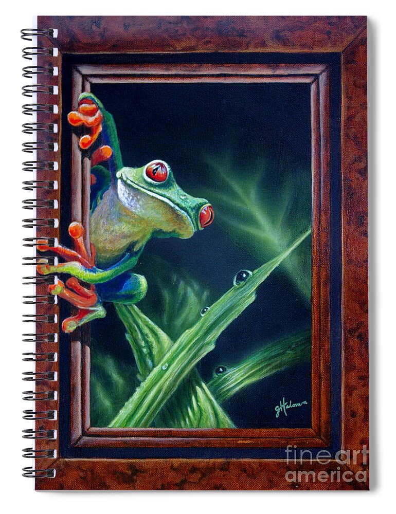 Green Tree Frog Spiral Notebook featuring the painting 'I Was Framed' by Greg and Linda Halom