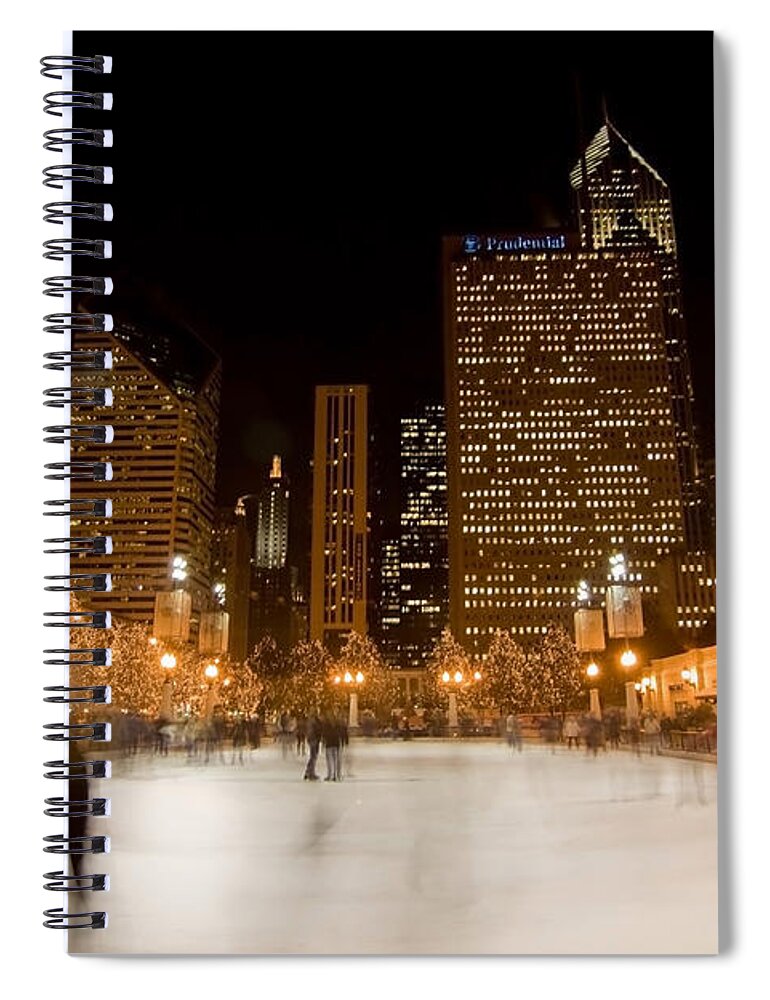 Ice Rink Spiral Notebook featuring the photograph Ice Skaters and Chicago Skyline by Sven Brogren