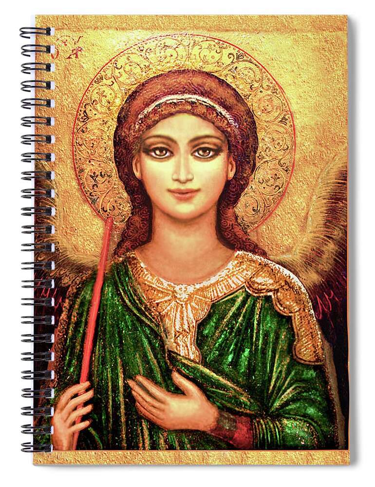 Christian Icons Print Spiral Notebook featuring the mixed media Icon Angel in Green by Ananda Vdovic