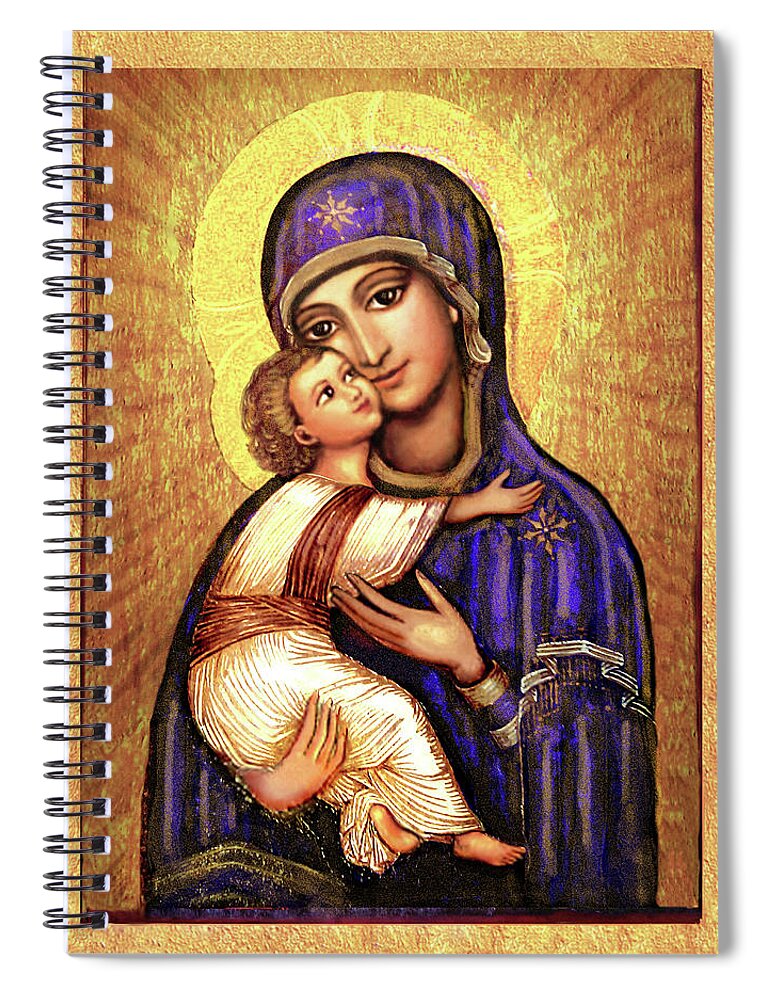 Mary And Jesus Spiral Notebook featuring the mixed media Icon Madonna and Infant Jesus by Ananda Vdovic