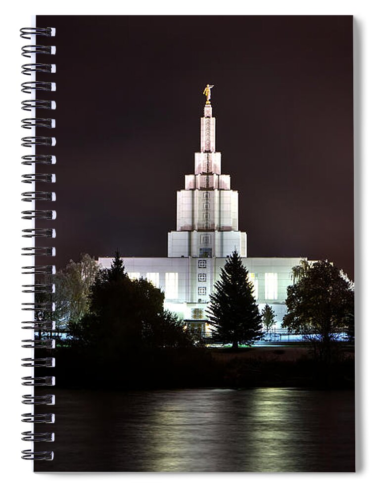 Angel Moroni; Herald; Idaho Falls Temple; Night; River; Sacred; Sacred Places; Worship; Spiral Notebook featuring the photograph Idaho Falls Temple over the River at Night by David Andersen