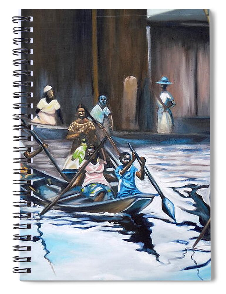 Blue.white Spiral Notebook featuring the painting Ilaje Obalende Makoko by Olaoluwa Smith