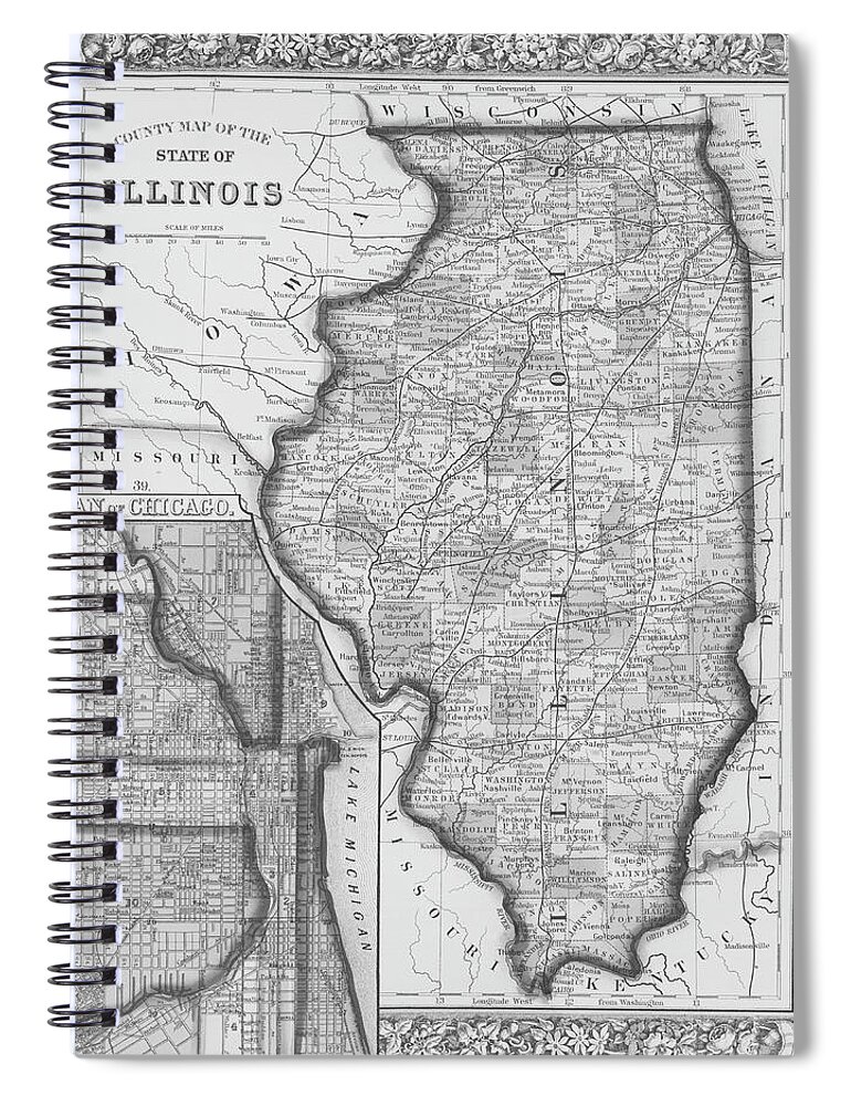 Illinois 1800s Historical Map Black and White Spiral Notebook by