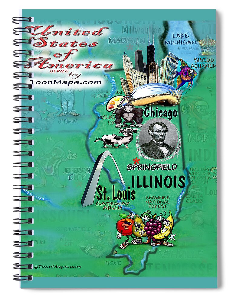 Illinois Spiral Notebook featuring the digital art Illinois Fun Map by Kevin Middleton