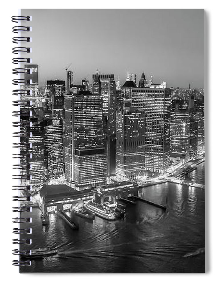 Aerial View Spiral Notebook featuring the photograph Illuminated Lower Manhattan NYC BW by Susan Candelario