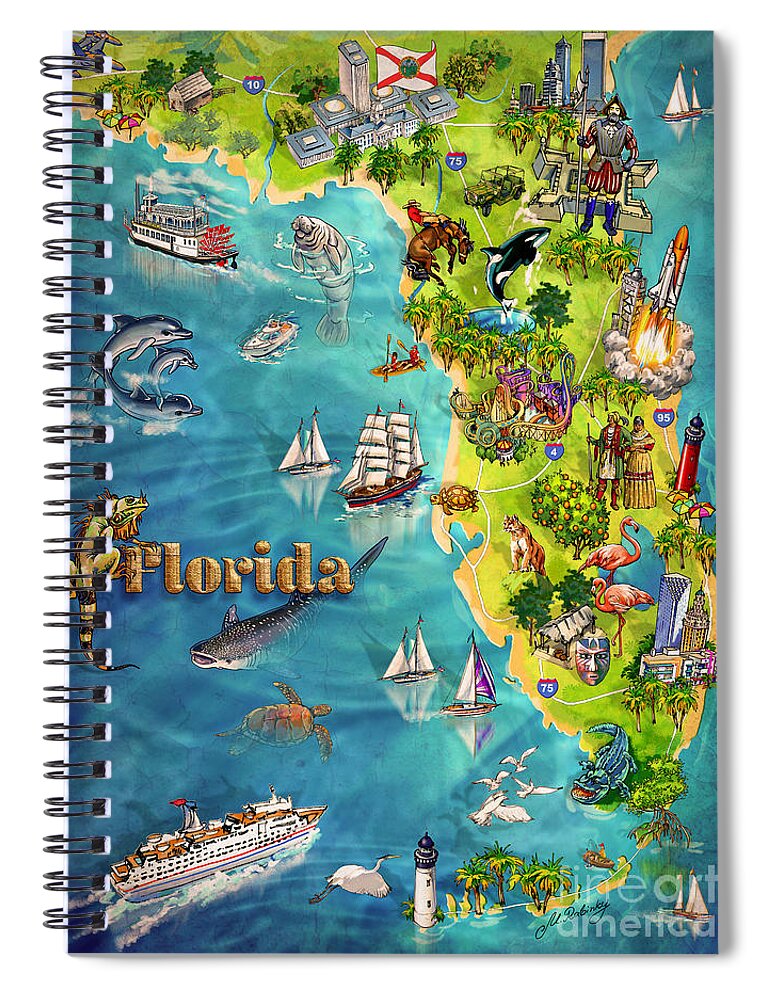 Castillo De San Marcos National Monument Spiral Notebook featuring the painting Illustrated Map of Florida by Maria Rabinky