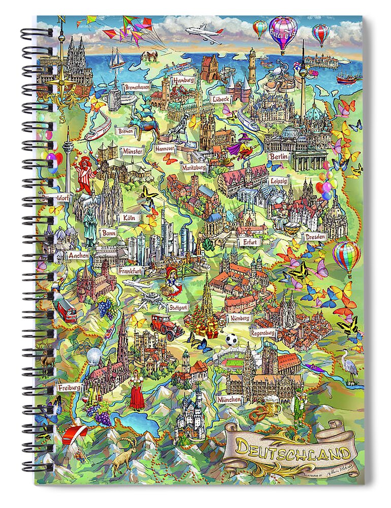 Germany Map Spiral Notebook featuring the painting Illustrated Map of Germany by Maria Rabinky