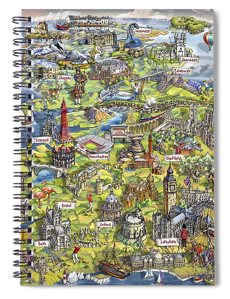 Uk; United Kingdom Spiral Notebook featuring the painting Illustrated Map of the United Kingdom by Maria Rabinky