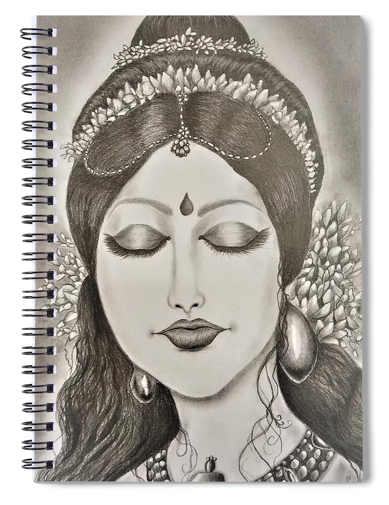 Apsara Spiral Notebook featuring the drawing In contemplative mood by Tara Krishna