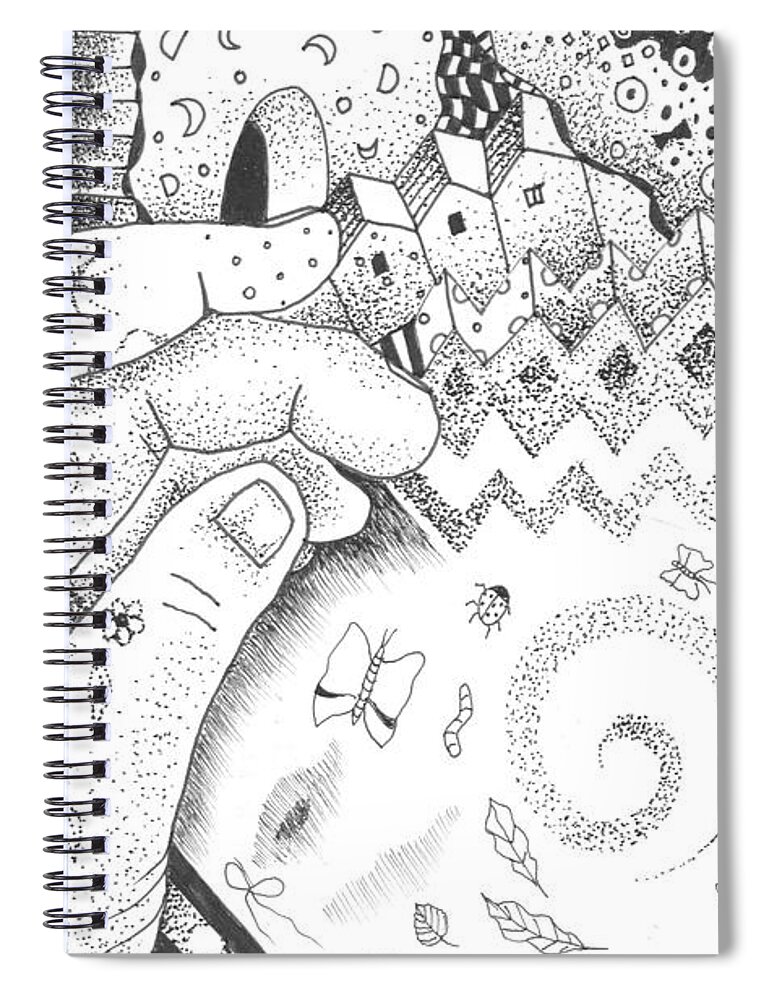 Oneness Spiral Notebook featuring the drawing In the Name of One by Helena Tiainen