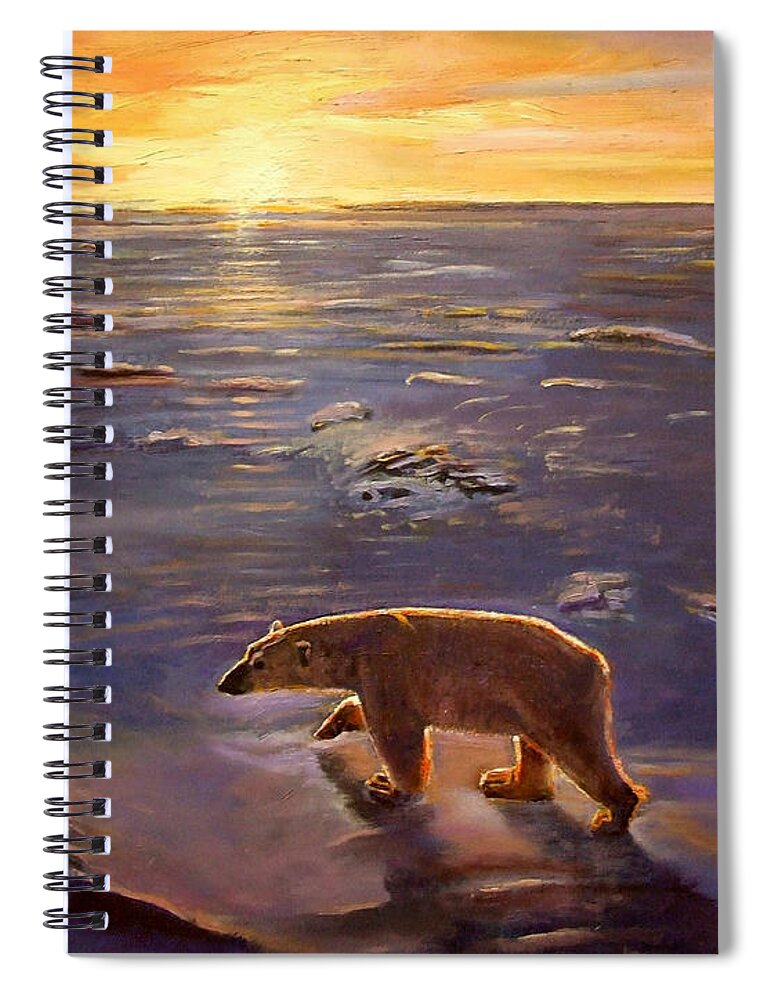 Polar Bear; Arctic; North Pole; Sunset; Setting Sun; Global Warming; Climate Change; Environmental; Melting Ice; Solitary; Deserted; Bear; Ice Spiral Notebook featuring the painting In the Wilderness by Kevin Parrish