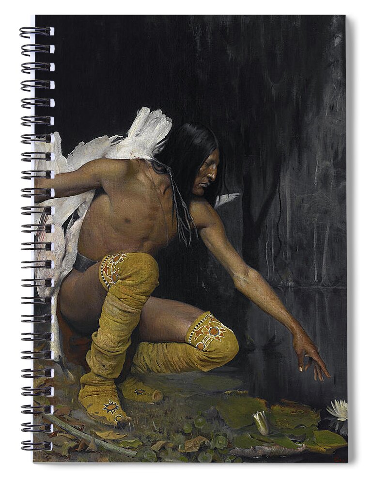 George De Forest Brush B. 1855. D. 1941. Spiral Notebook featuring the painting Indian And The Lily by MotionAge Designs