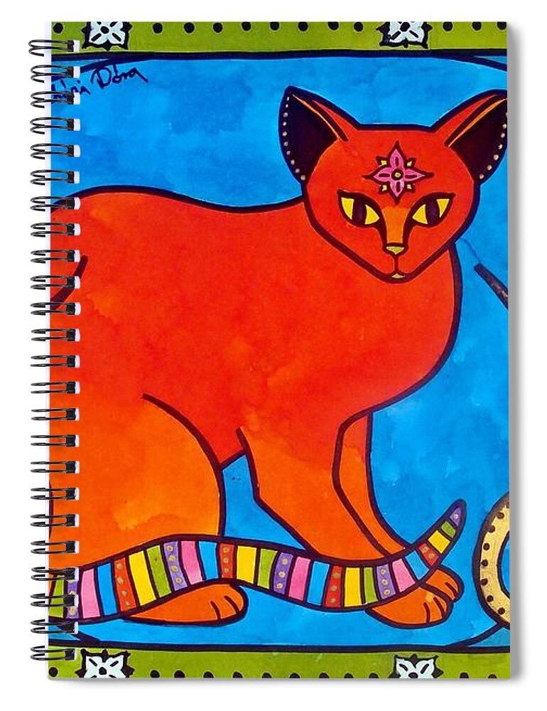 Whimsical Animals Spiral Notebook featuring the painting Indian cat with Lilies by Dora Hathazi Mendes