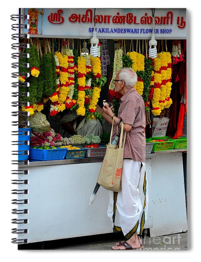 Singapore Spiral Notebook featuring the photograph Indian man stands at Little India flower garland shop Singapore by Imran Ahmed