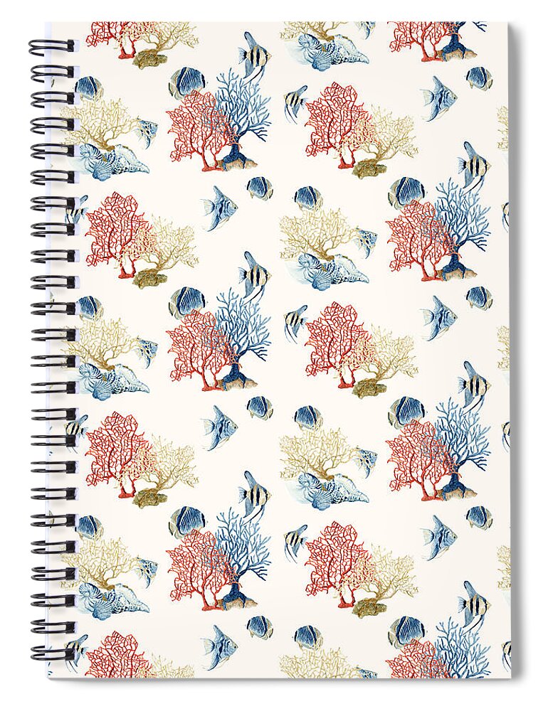 Blue Tree Coral Spiral Notebook featuring the painting Indigo Ocean - Coral Reef w Sea Shells n Angel Fish by Audrey Jeanne Roberts