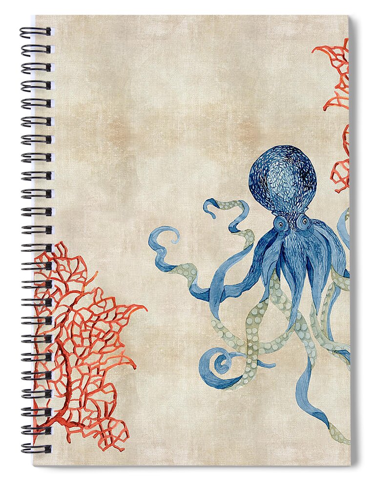 Octopus Spiral Notebook featuring the painting Indigo Ocean - Octopus Floating Amid Red Fan Coral by Audrey Jeanne Roberts