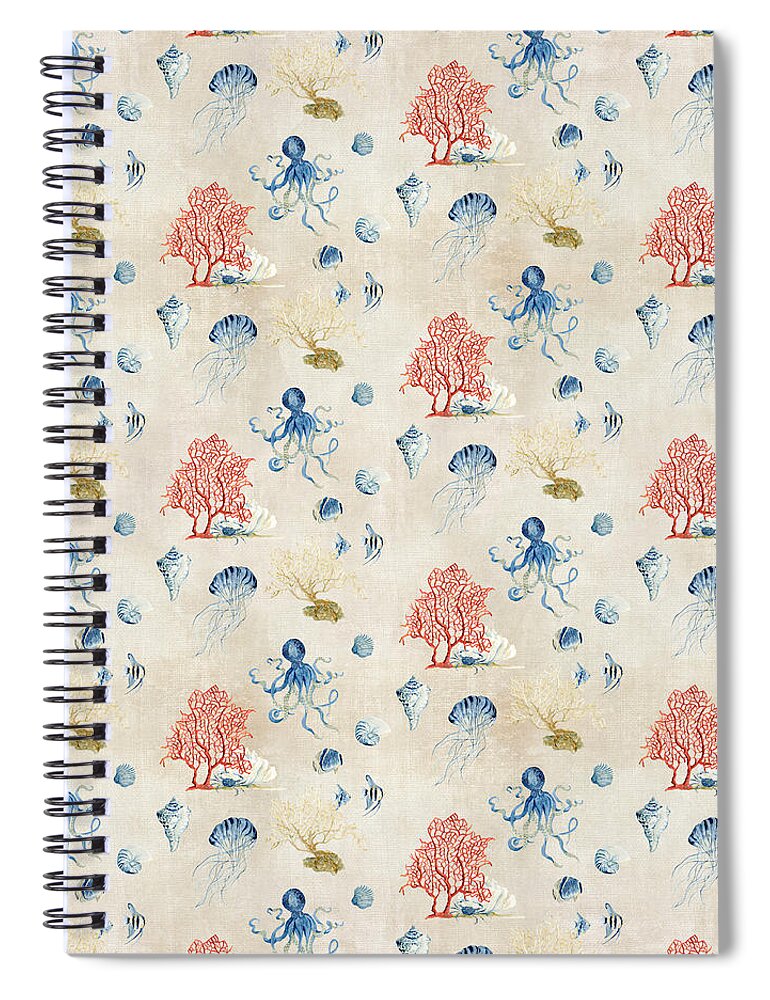 Octopus Spiral Notebook featuring the painting Indigo Ocean - Red Coral Octopus Half Drop Pattern Small by Audrey Jeanne Roberts