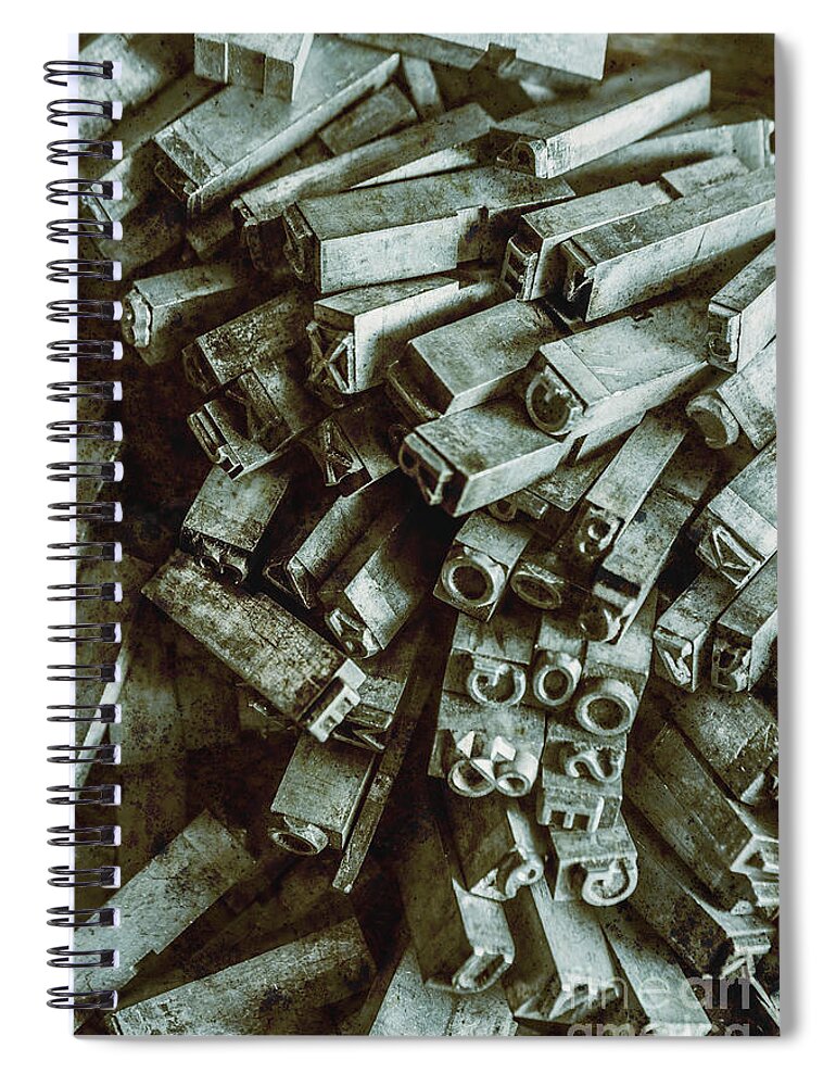 Old Spiral Notebook featuring the photograph Industrial letterpress typeset by Jorgo Photography