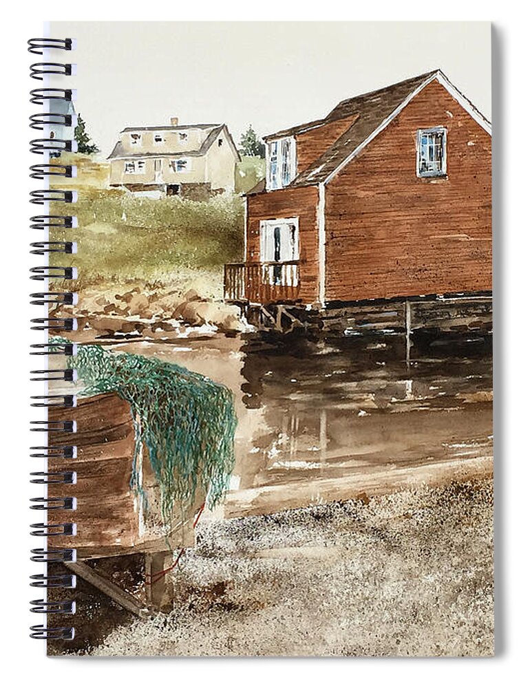 A Small Fishing Boat Is Beached At The Inlet To Peggy's Cove Spiral Notebook featuring the painting Inlet At Peggy's Cove by Monte Toon