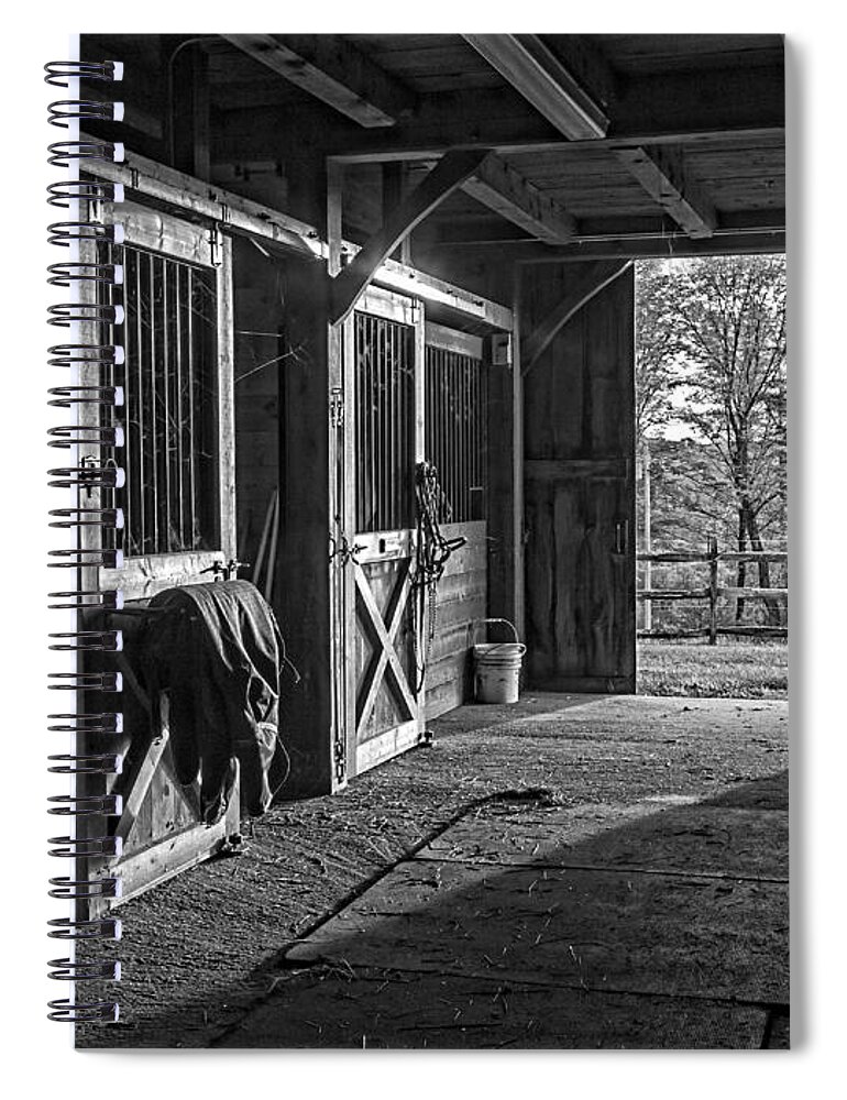 White Spiral Notebook featuring the photograph Inside the Horse Barn Black and White by Edward Fielding