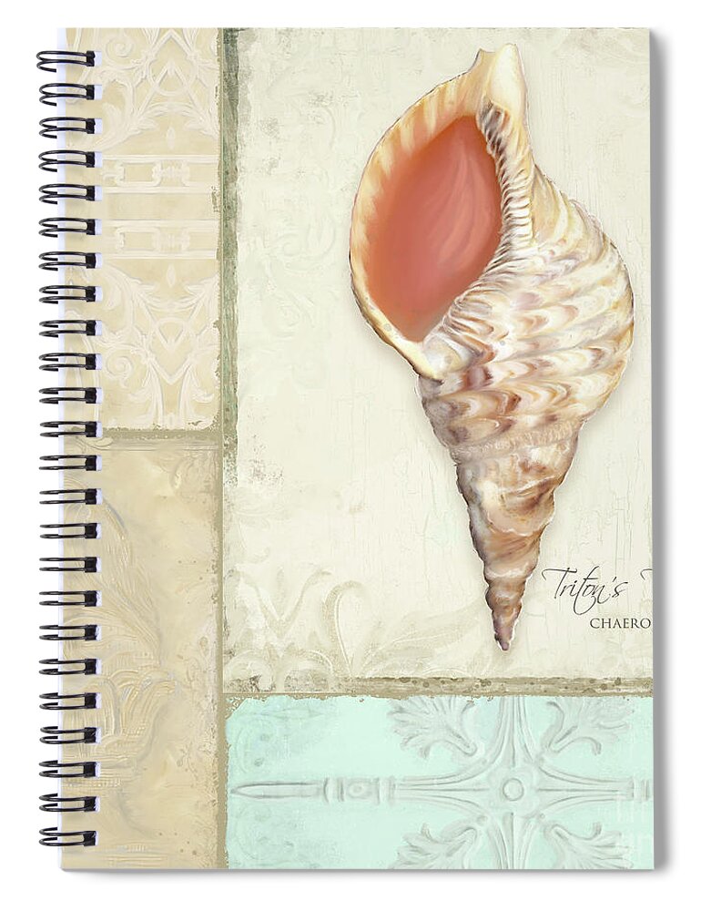 Tritons Trumpet Spiral Notebook featuring the painting Inspired Coast Collage - Triton's Trumpet Shell w Vintage Tile by Audrey Jeanne Roberts