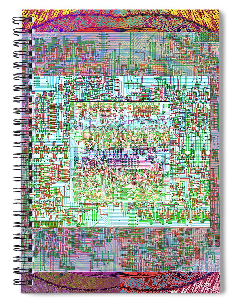 Intel Cpu Spiral Notebook featuring the digital art Intel 4004 CPU Silicon Wafer computer Chip Integrated Circuit Mask Abstract, Composition 1 by Kathy Anselmo