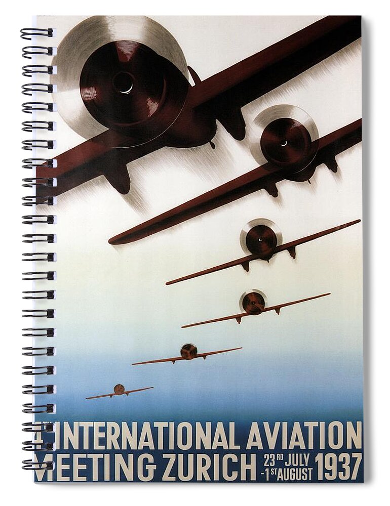 Aviation Spiral Notebook featuring the mixed media International Aviation Meeting 1937, Zurich, Switzerland - Retro travel Poster - Vintage Poster by Studio Grafiikka