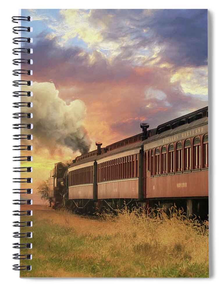 Train Spiral Notebook featuring the mixed media Into the Sunset by Lori Deiter