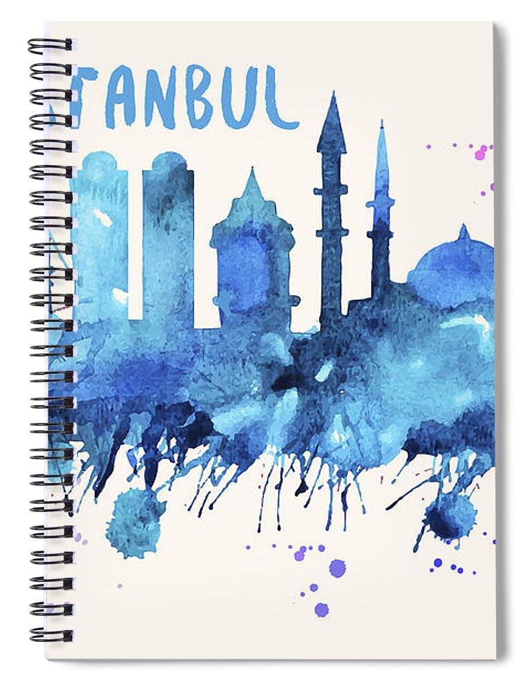 Istanbul Spiral Notebook featuring the painting Istanbul Skyline Watercolor Poster - Cityscape Painting Artwork by Beautify My Walls