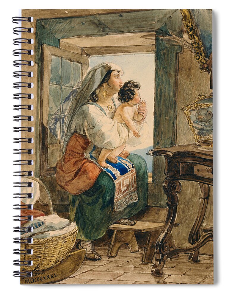 19th Century Art Spiral Notebook featuring the drawing Italian Woman with Child at Window by Karl Bryullov