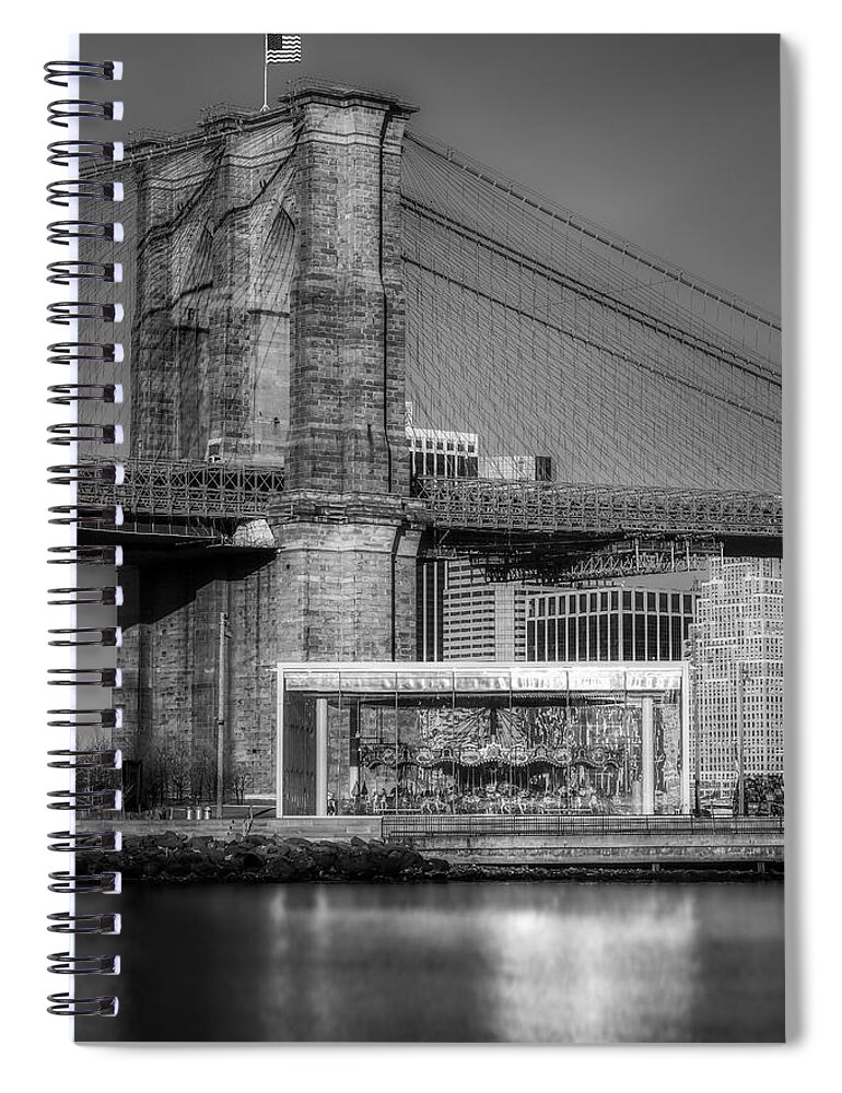 Brooklyn Bridge Spiral Notebook featuring the photograph Jane's Carousel Brooklyn Bridge BW by Susan Candelario