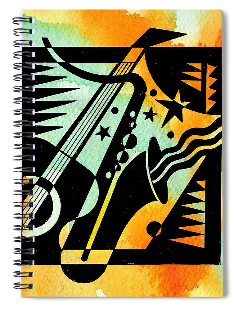  Ambiance Arts & Entertainment Atmosphere Color Color Image Colour Creative Creativity Drawing Enjoying Enjoyment Free Time Guitar Harmony Illustration Illustration And Painting Improvisation Innovation Inspiration Inspiring Instrument Jazz Leisure Time Melody Music Musical Instrument Nobody Pleasure Rapport Relaxation Resting Saxophone Small Group Of Objects Sound Vertical Spiral Notebook featuring the painting Jazz Relaxation by Leon Zernitsky