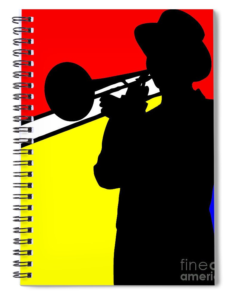 Jazz Spiral Notebook featuring the digital art Jazz trombone player Mondrian colors by Heidi De Leeuw