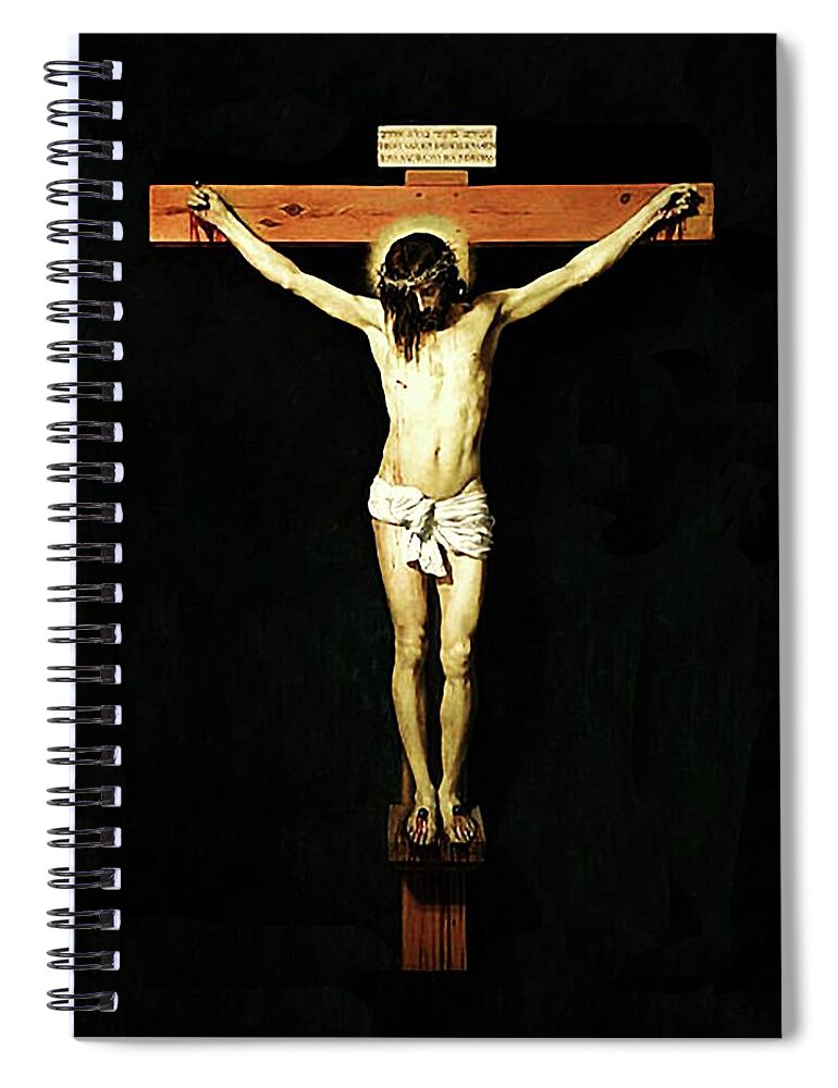 Jesus Spiral Notebook featuring the mixed media Jesus Crucifixion by Diego Velasquez