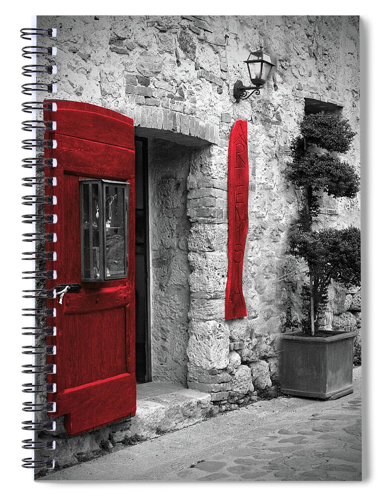 Romantic Street Spiral Notebook featuring the photograph Jewelry Store with Red Door in Monteregionni, Tuscany, Italy by Lily Malor