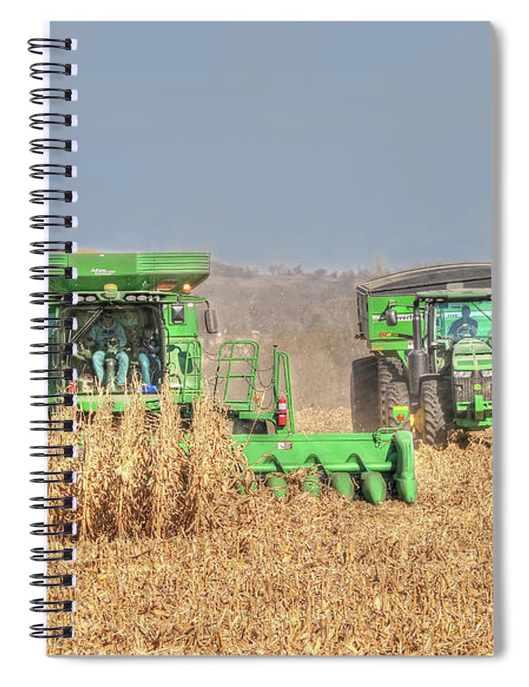 John Deere Spiral Notebook featuring the photograph John Deere Combine Picking Corn Followed By Tractor And Grain Cart by J Laughlin