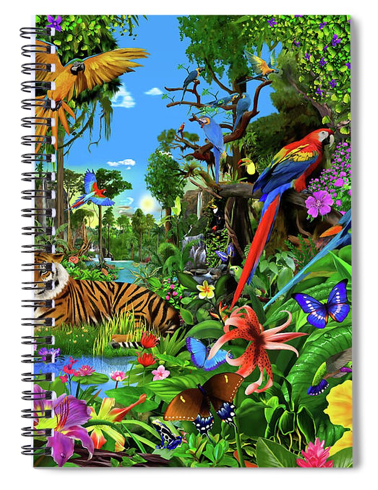 Tropical Forest Spiral Notebook featuring the digital art Jungle Sunrise by MGL Meiklejohn Graphics Licensing
