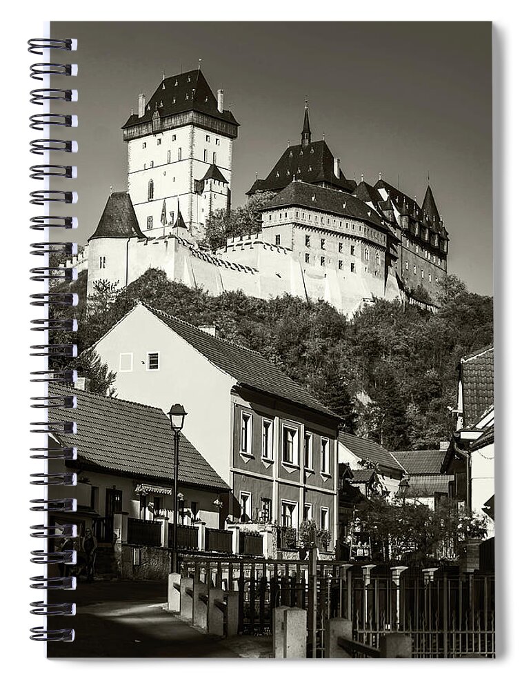 Jenny Rainbow Fine Art Photography Spiral Notebook featuring the photograph Karlstein Castle in Village Karlstein. Black and White by Jenny Rainbow