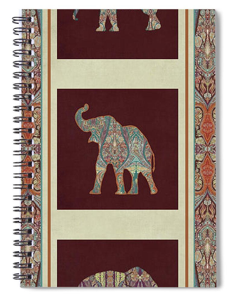 Rust Spiral Notebook featuring the painting Kashmir Elephants - Vintage Style Patterned Tribal Boho Chic Art by Audrey Jeanne Roberts