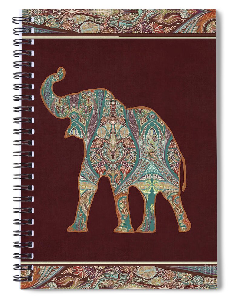 Rust Spiral Notebook featuring the painting Kashmir Patterned Elephant 3 - Boho Tribal Home Decor by Audrey Jeanne Roberts